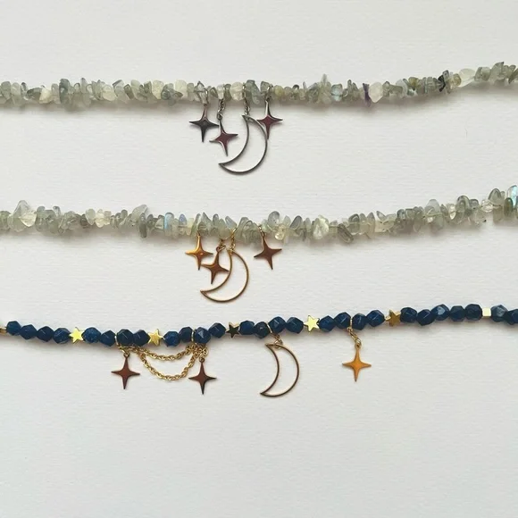 Starry Night natural gemstone lapis lazuli moonstone beads statement necklace - Picture 4 of 10